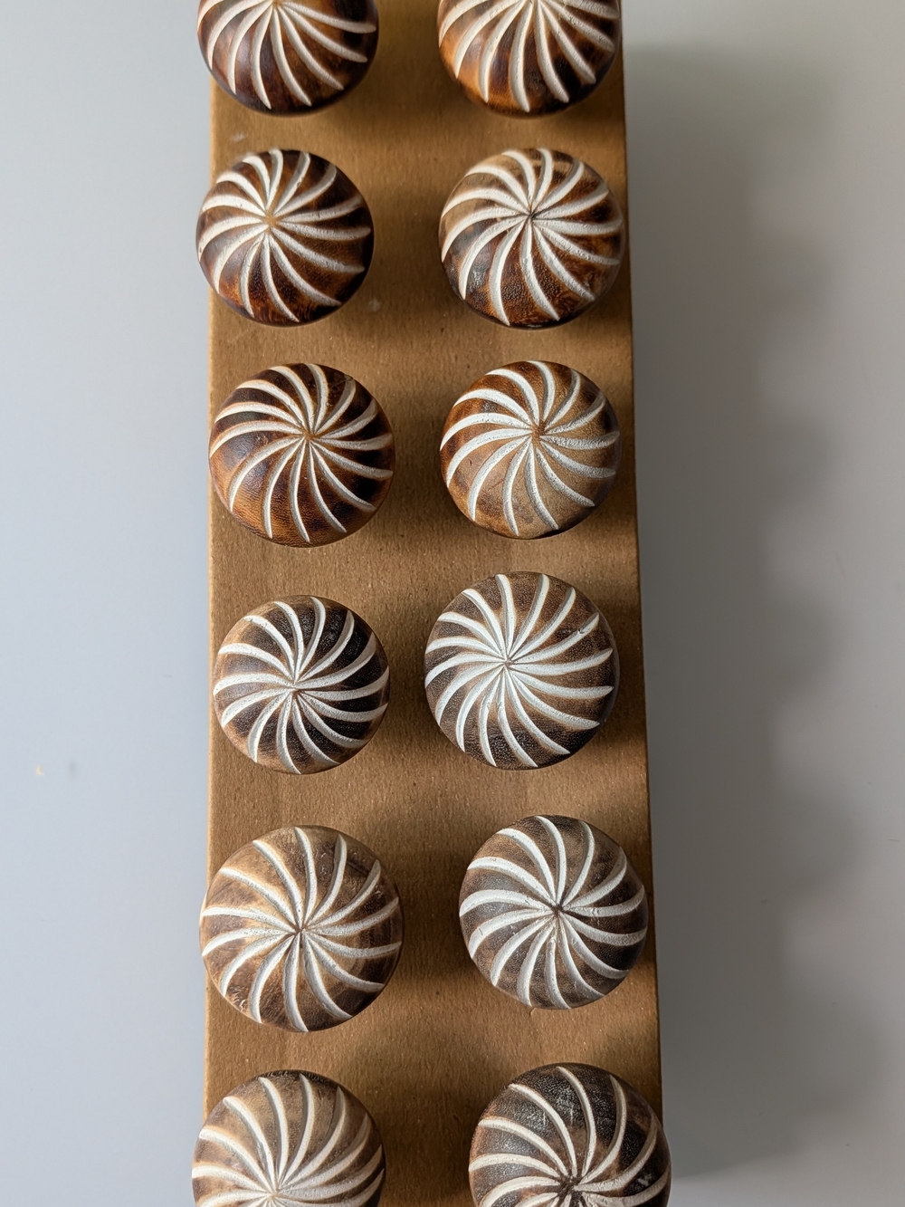 Set of 12 Decorative Swirl Wood Cabinet Knobs in Brown & White